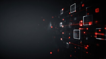 Abstract digital dark background with glowing red and white squares.