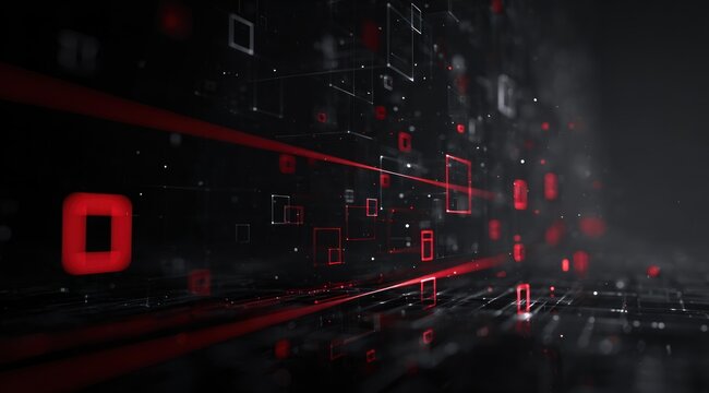 Abstract dark digital space with glowing red and white geometric shapes.