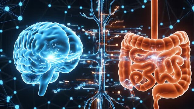 Conceptual medical illustration depicting the complex neural connection between the human brain and the digestive system gut