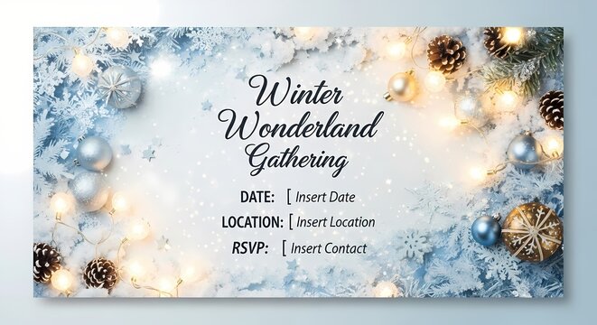 Elegant winter wonderland gathering invitation with festive ornaments and sparkling lights design