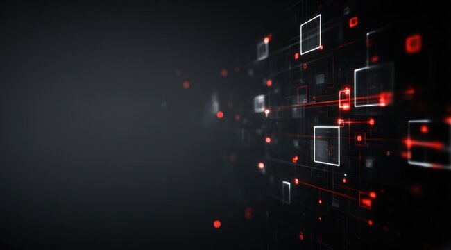 Abstract digital dark background with glowing red and white squares.