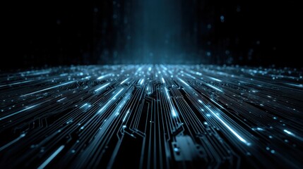 Glowing blue digital circuit board lines receding into darkness