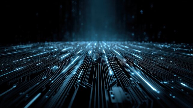 Glowing blue digital circuit board lines receding into darkness - Powered by Adobe