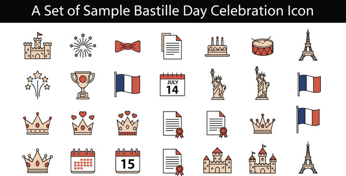 Bastille Day celebration icons, French national holiday symbols, Eiffel Tower, fireworks, July 14 calendar, patriotic elements, festive vector set - Powered by Adobe