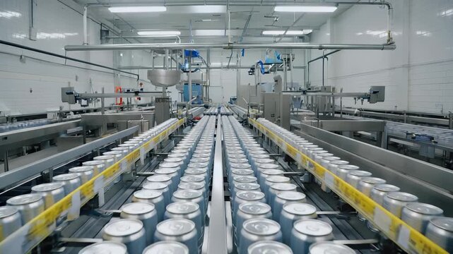Automated Beverage Production: Silver Aluminum Cans Moving on Conveyor Belt System in a Modern, Clean Industrial Factory Setting