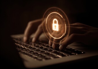 Hands typing on laptop with glowing digital security lock overlay