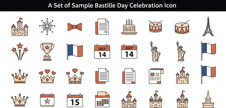 Bastille Day icon set, French celebration symbols, Eiffel Tower, croissant, July 14 calendar, festive vector, patriotic holiday elements - Powered by Adobe