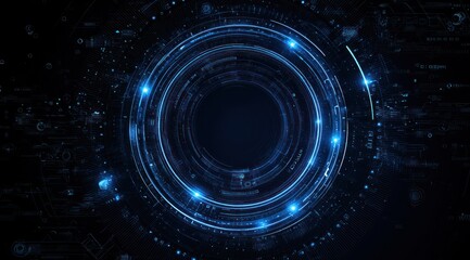 Abstract blue glowing digital interface with concentric circles and data lines.