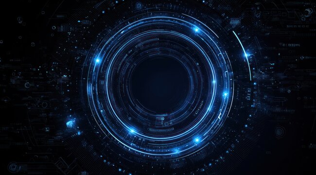 Abstract blue glowing digital interface with concentric circles and data lines. - Powered by Adobe