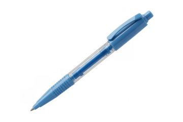 Blue plastic ballpoint pen with transparent barrel isolated on a transparent background