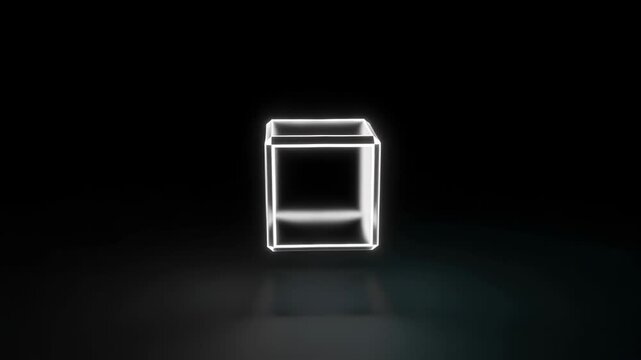 Glowing white wireframe cube hologram floating in dark space, 4k video