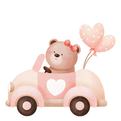 Watercolor Cute Bear Driving Car with Heart Balloons, Adorable Valentine’s Day Clipart Illustration