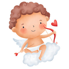Watercolor Cupid on Cloud with Heart Arrow, Cute Valentine’s Day Love Illustration Clipart