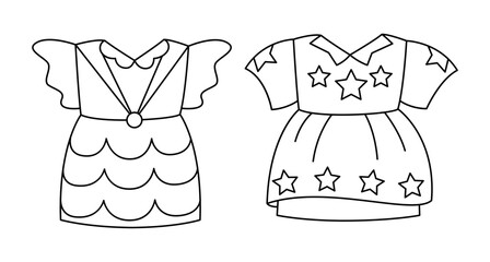 Vector linear baby dresses in cartoon fashion style isolated on white. Outline coloring page for girly book or educational, fashion materials