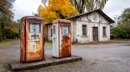 Rusty vintage gas pumps in front of abandoned rural station