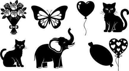 Obraz premium Black silhouette collection of flowers butterfly balloons cats and elephant vector illustration