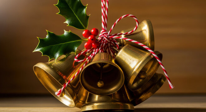Golden brass christmas bells with festive holly leaves, bright red berries and striped string isolated on white background, Vector - Powered by Adobe