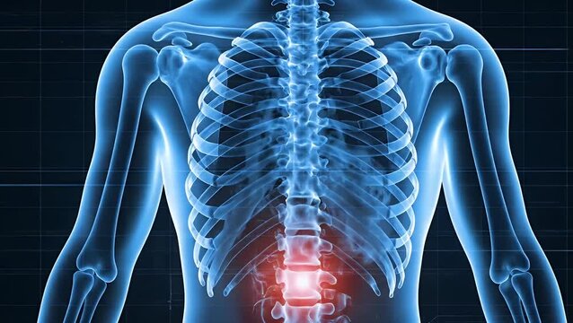 Blue medical illustration of a human skeletal torso showing acute lower back pain with a red glow on the lumbar spine