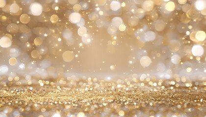 Luxurious Abstract Background of Sparkling Gold Glitter Floor and Floating Bokeh Lights, Creating a Festive Stage Effect Ideal for Awards Ceremonies, New Year's Eve, and High-End Holiday Marketing
