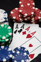 Casino chips and cards on the table. Gambling concept