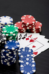 Casino chips and cards on the table. Gambling concept