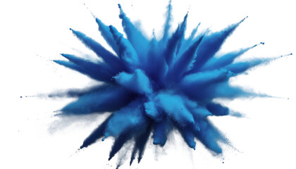 Blue powder explosion with white particles isolated on a transparent background