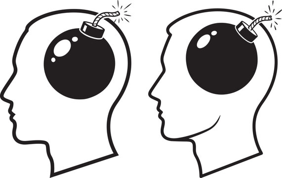 Two heads silhouette with exploding bomb inside symbolizing stress and tension silhouette