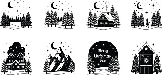Beautiful winter Christmas landscape silhouette set featuring snowy trees, cabins, mountains, stars, and moonlit festive holiday scenes