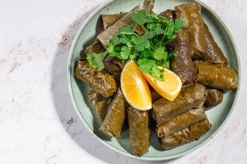 grape leaves stuffed with minced meat with rice, herbs and spices on a plate with slices of fresh lemon,