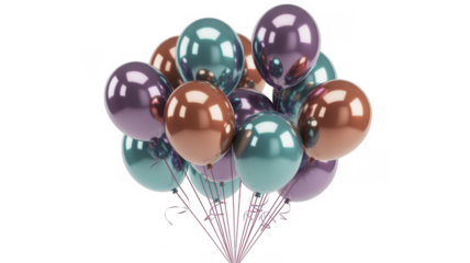 Bunch of metallic balloons in purple teal and copper isolated on a transparent background