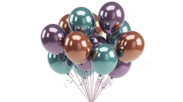 Bunch of metallic balloons in purple teal and copper isolated on a transparent background - Powered by Adobe