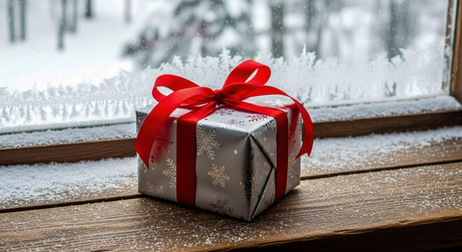 Silver gift box with red ribbon on snowy windowsill, winter holiday celebration event isolated on white background, Vector