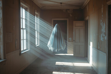 Ethereal ghost floating in abandoned room filled with sunbeams creating a haunting and intriguing scene perfect for mystery novels or suspenseful thrillers