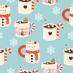 Seamless Christmas Pattern with various Mugs with cacao, whipped cream, marshmallow, gingerbread and candy cane. Seasonal flavored products, cards for New Year or winter holidays.