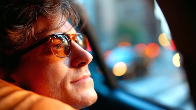 Taxi backseat, person in sunglasses leaning head on window, city blur, early ride home vibe, with copy space