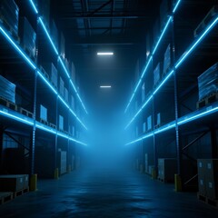 The nighttime storage area is illuminated by blue cool light.Bright and airy empty modern warehouse lobby，The Future Warehouse with Automated Robotic Arm Sorting Systems