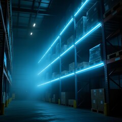The nighttime storage area is illuminated by blue cool light.Bright and airy empty modern warehouse lobby，The Future Warehouse with Automated Robotic Arm Sorting Systems