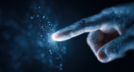 Digitized finger touching glowing blue abstract network particles in darkness
