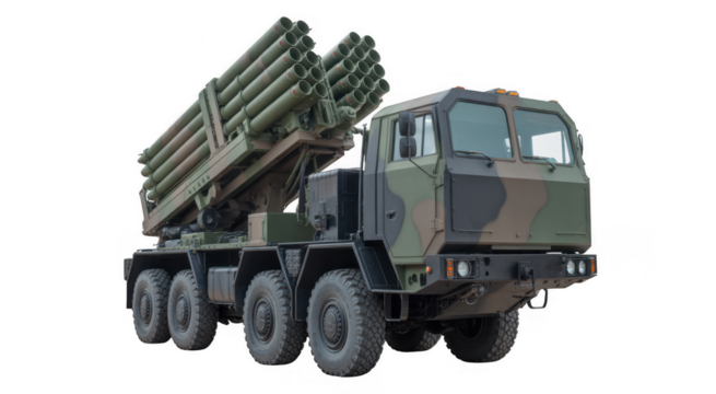 Camouflaged Multiple Rocket Launcher Vehicle with Large Rocket Pods isolated on a transparent background