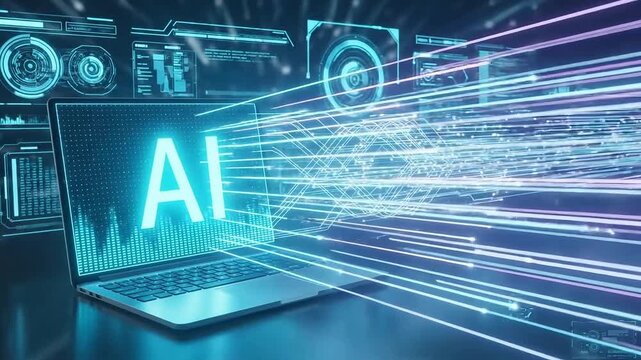 AI technology powering laptop with stunning data streams for innovative solutions and cutting edge research