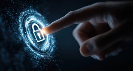 Finger touching glowing digital padlock icon with blue particles.