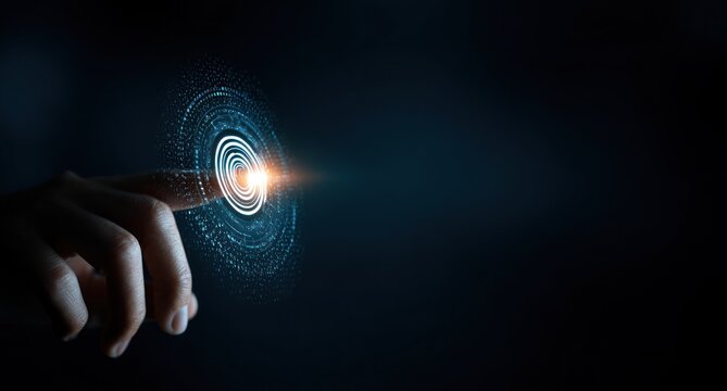 Finger touching glowing digital interface against dark background