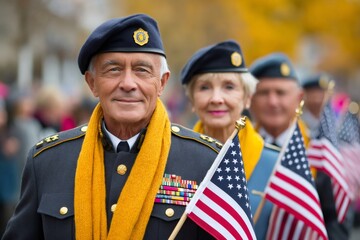 Senior veteran smiling holding american flag at parade