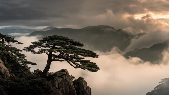 Majestic misty mountain landscape with ancient pine trees on a cliff edge, illuminated by golden light above a sea of clouds.