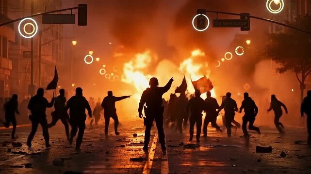 Powerful unrest erupts in city streets, protestors clashing during fiery demonstration in the night