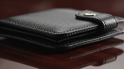 Closeup of a black leather wallet with a snap closure