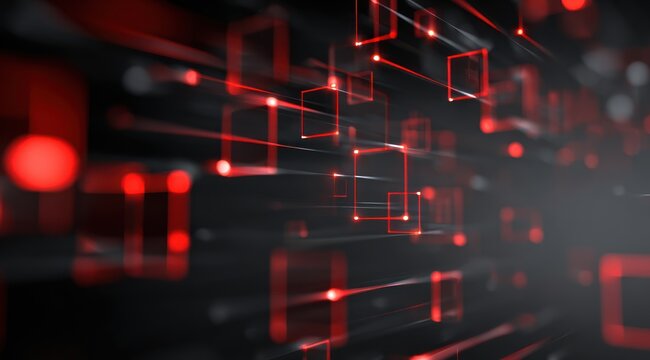 Abstract digital network with glowing red lines and squares moving fast.