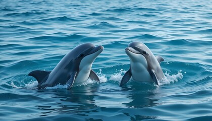 two cute pretty dolphins rising from a big blue sea water