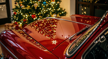Reflections of a christmas tree with golden lights on a glossy red vintage car hood isolated on white background, Vector