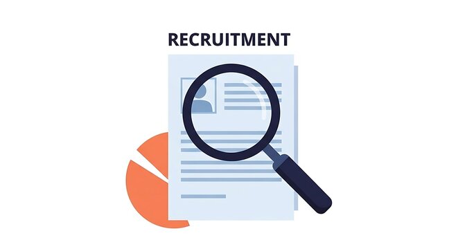 A recruitment concept illustration showing a resume under a magnifying glass and a pie chart element